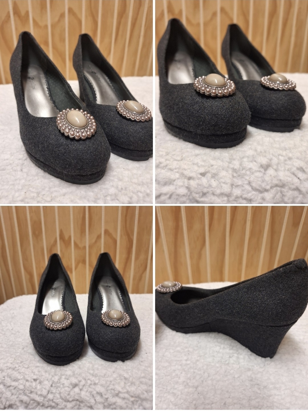 NEW Lindsay Phillips Wedge Pumps with Jeweled Brooch - Gray 7